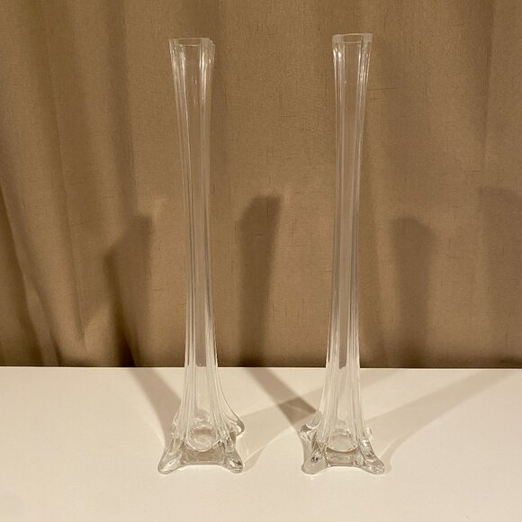 Set of 2 Hand Blown Glass‎ Eiffel Tower Bud Vases 16” Tall Clear Elegant Pair